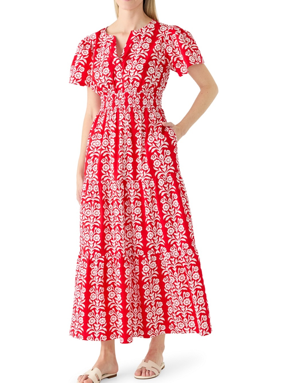 crown & ivy Red and White Floral Maxi Dress with Smocked Waist